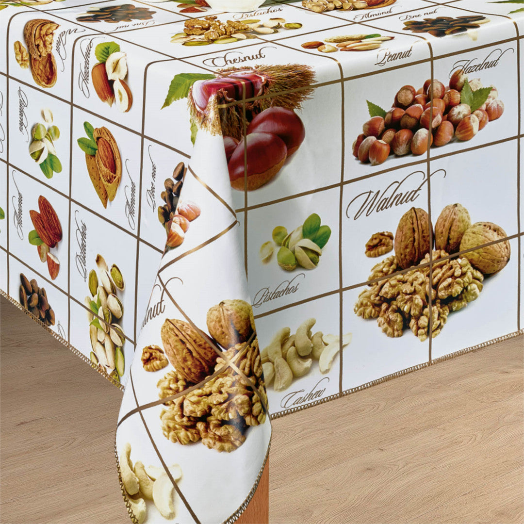 Nüsse aus aller Welt – Weiße Wachstuch Tischdecke mit schönen Nüssen