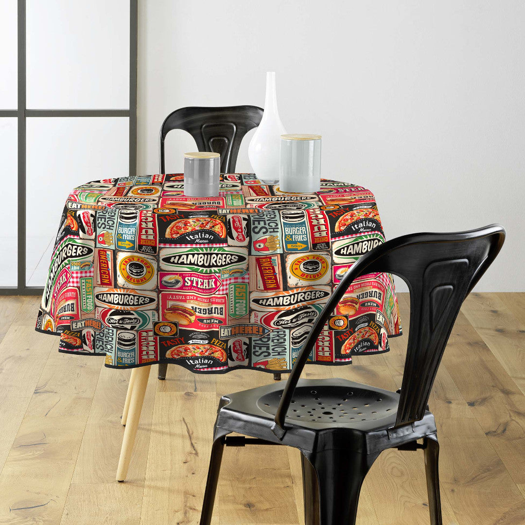 Americano - Runde Wachstuch-Tischdecke im Retro-Diner-Look - Ambienteaufnahme