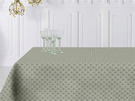 Amigoni Staubgrün - Jacquardgewebte abwaschbare Tischdecke, 180 cm breit