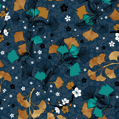 Autum Gingko Biloba – Wachstuch Tischdecke in Dunkelgraublau mit Blumen und Blättern