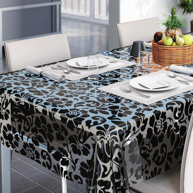 Barock, mattierte Tischfolie transparent mit schwarzen Blumen