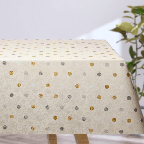 Barok Creme – Wachstuch Tischdecke mit Punkten in Gold und Silber