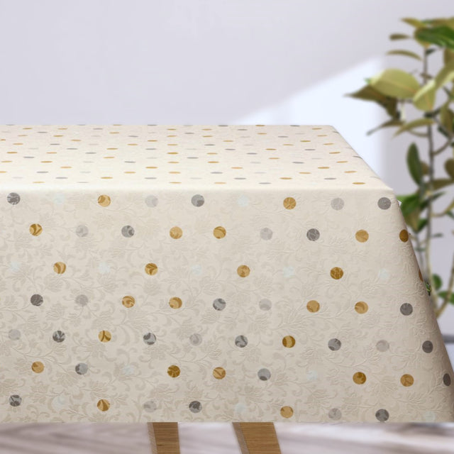 Barok Creme – Wachstuch Tischdecke mit Punkten in Gold und Silber
