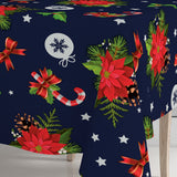 Nahaufnahme einer Ecke der Wachstuch Tischdecke Blaues Winterfest mit Weihnachtsmotiven