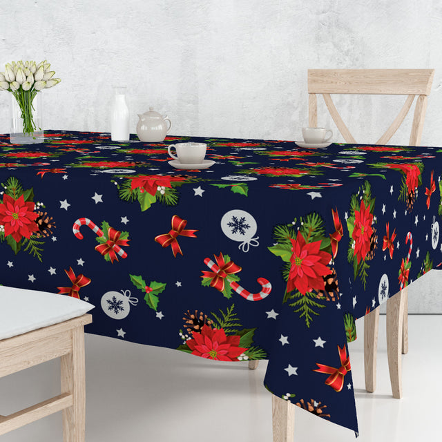 Blaues Winterfest – Wachstuch Tischdecke auf dem Tisch mit Weihnachtssternen