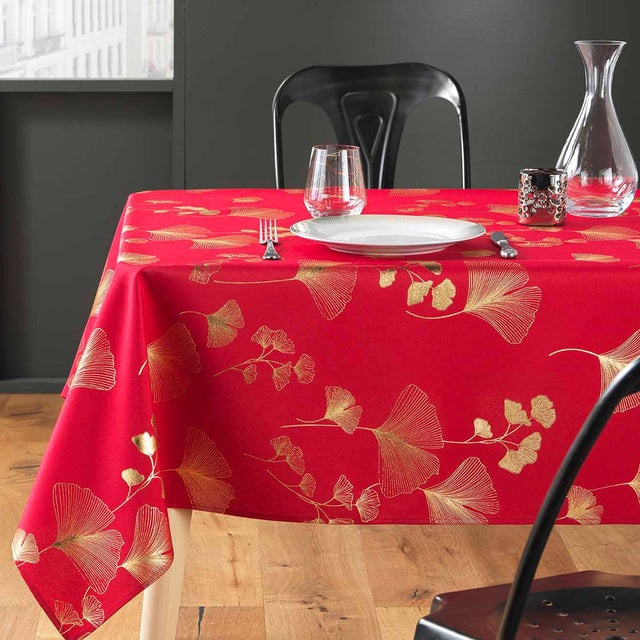 Bloomy Metallic Print - Rot/Gold - Fleckabweisende Weihnachtstischdecke, 150 x 300 cm