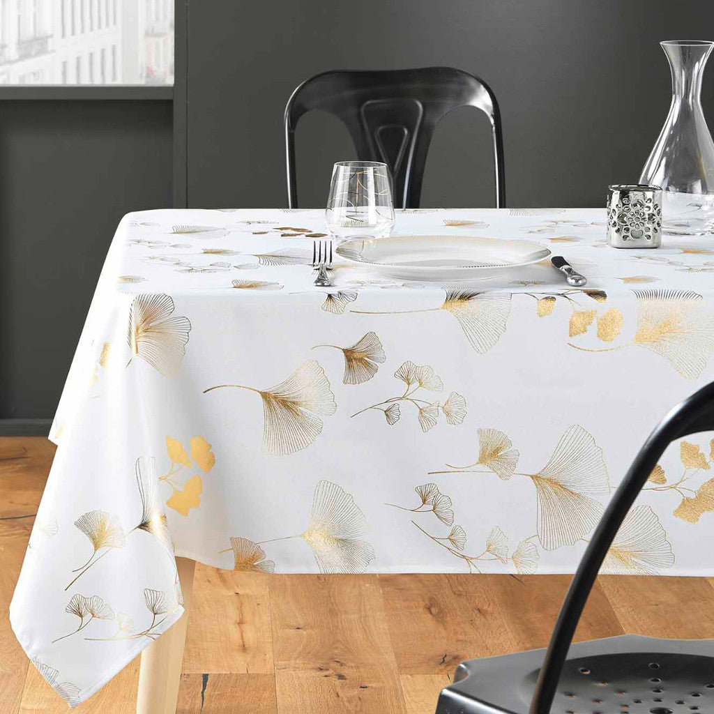 Bloomy Metallic Print - Weiß/Gold - fleckabweisende Weihnachtstischdecke, 150 x 240 cm