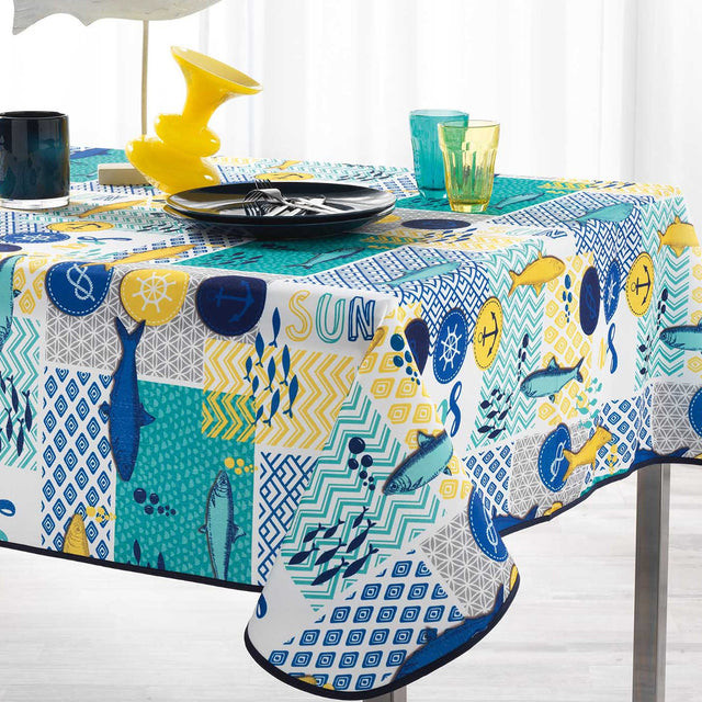Blue Lagoon Weiß, fleckabweisende Tischdecke, 150 x 240 cm