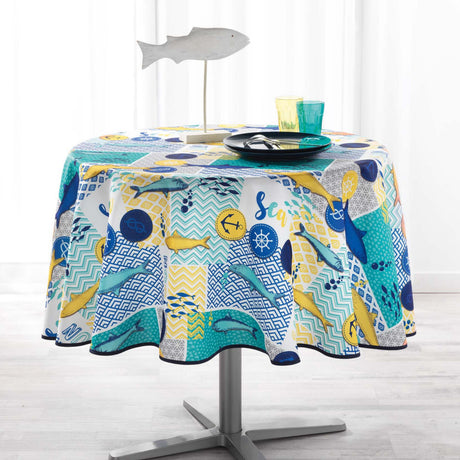 Blue Lagoon Weiß Ø 180 cm, runde Tischdecke mit Fleckschutz