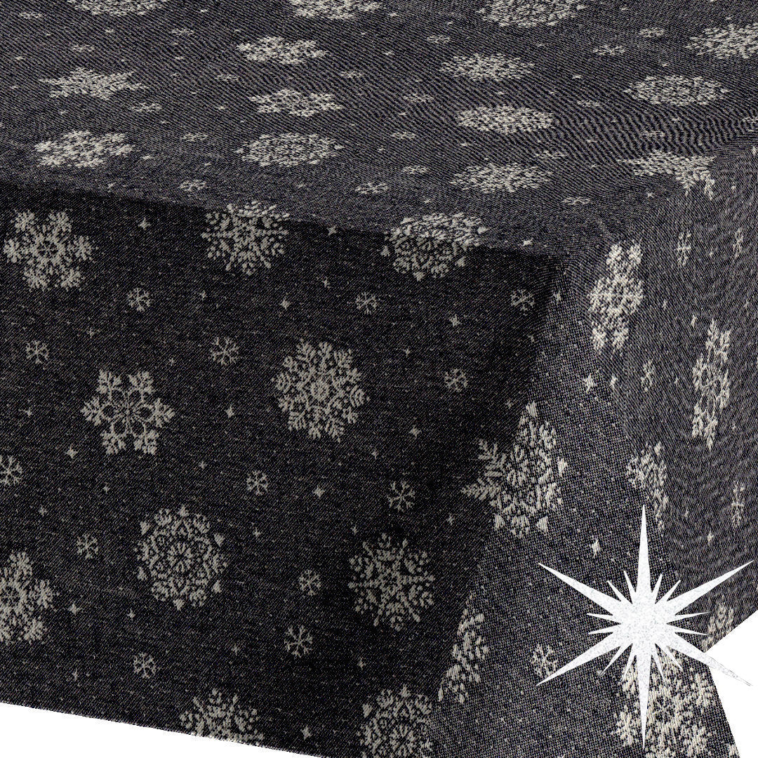 Brina Black Silver – Schwarze abwaschbare Weihnachtstischdecke mit silbernen Eiskristallen