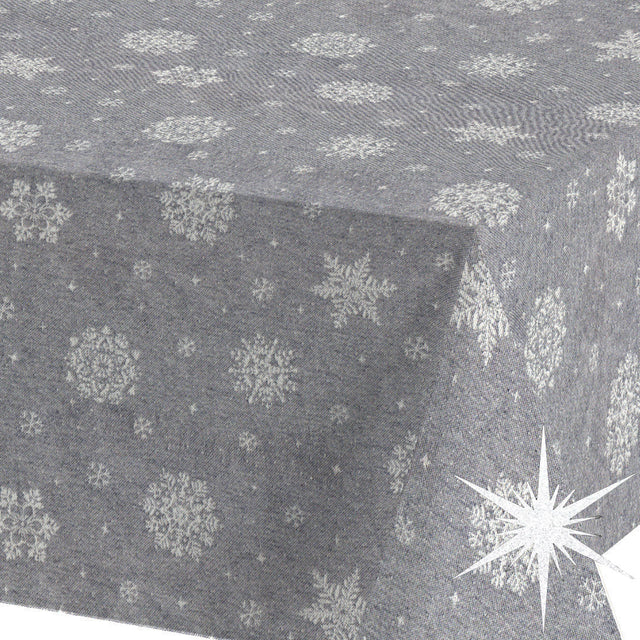 Brina Grey Silver – Graue abwaschbare Weihnachtstischdecke mit silbernen Eiskristallen