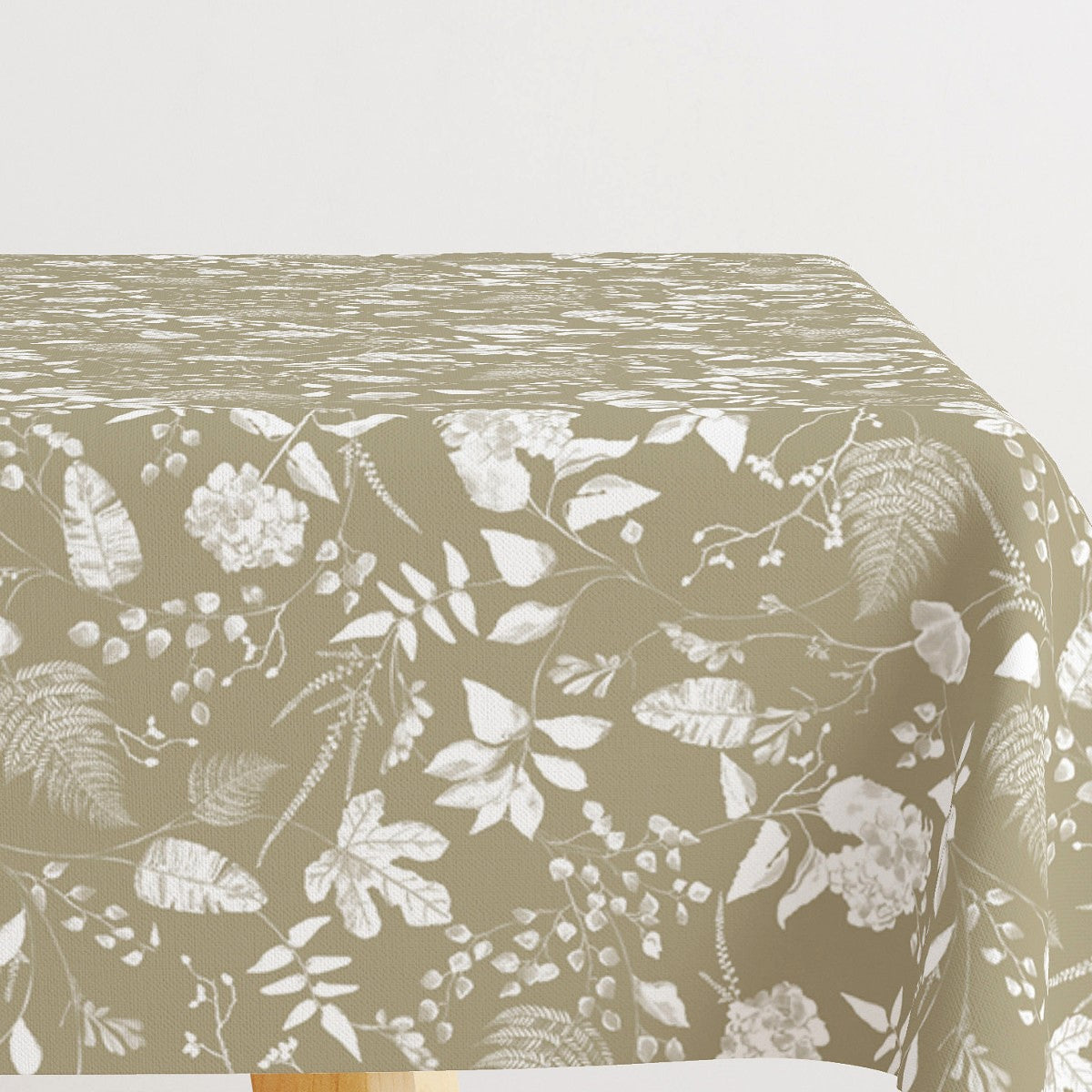 Briulov Welkgrün - Abwaschbare Tischdecke mit weißen Blättern und Blumen
