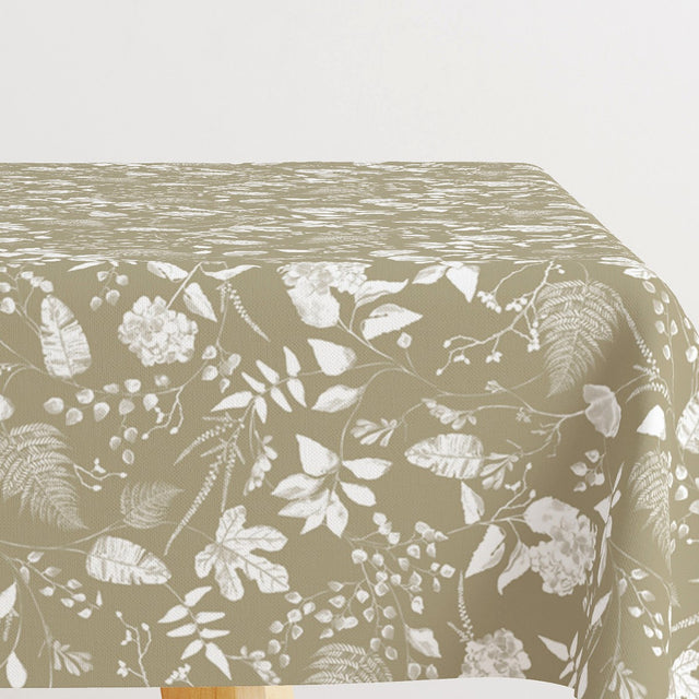 Briulov Welkgrün - Abwaschbare Tischdecke mit weißen Blättern und Blumen