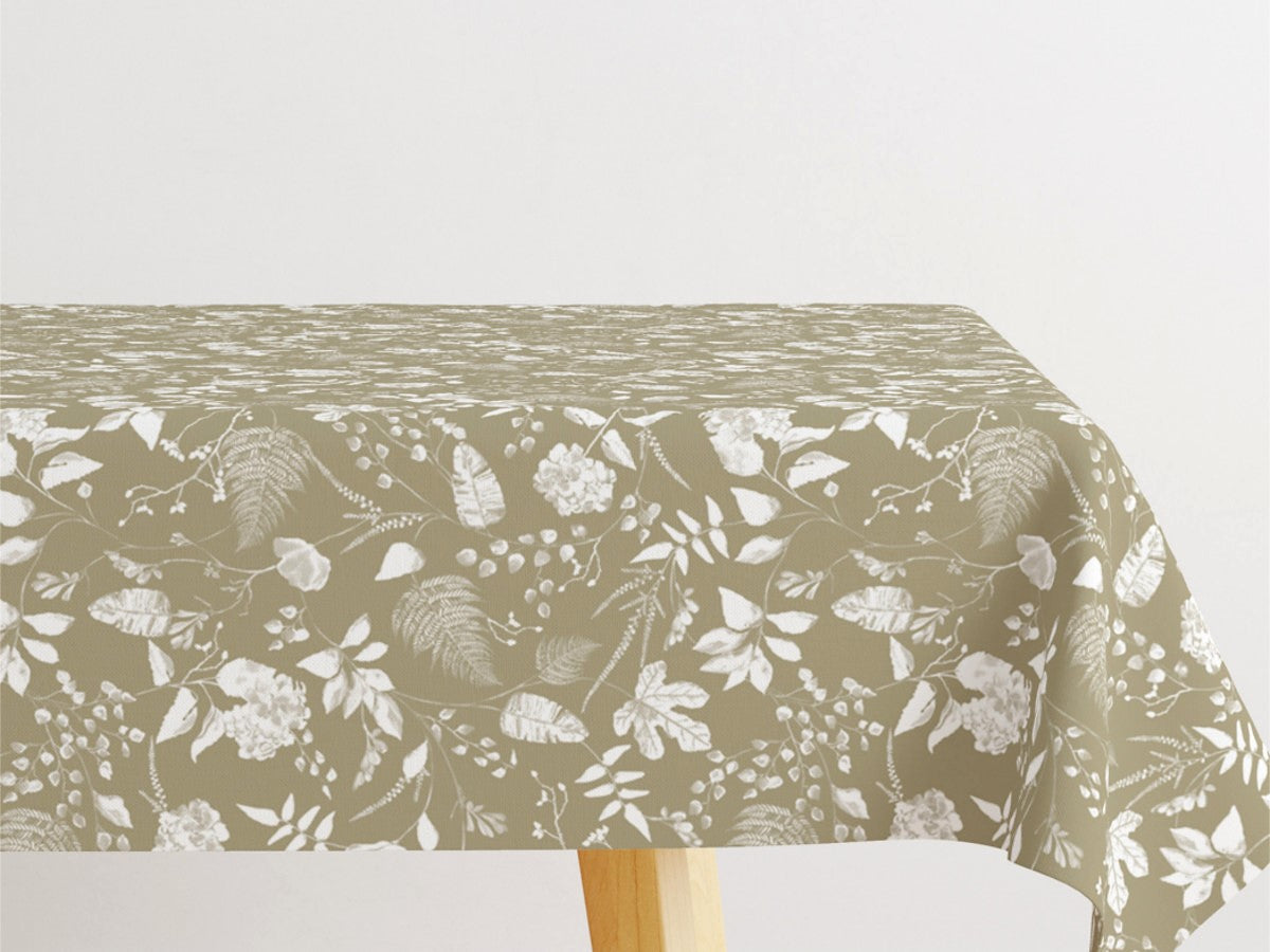 Briulov Welkgrün - Abwaschbare Tischdecke mit weißen Blättern und Blumen