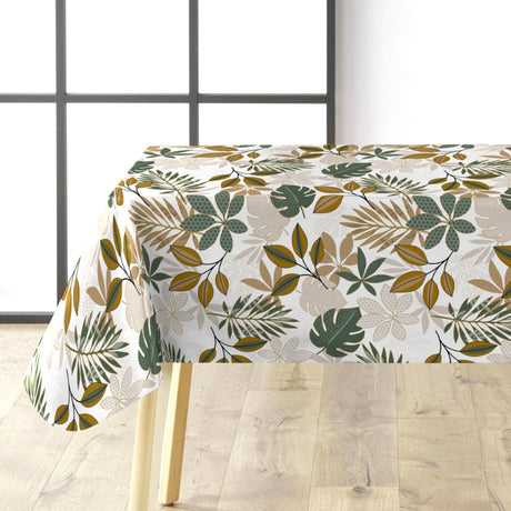 Bruinelle Green Wachstuch Tischdecke mit Blättermuster in Grün und Beige auf dem Tisch