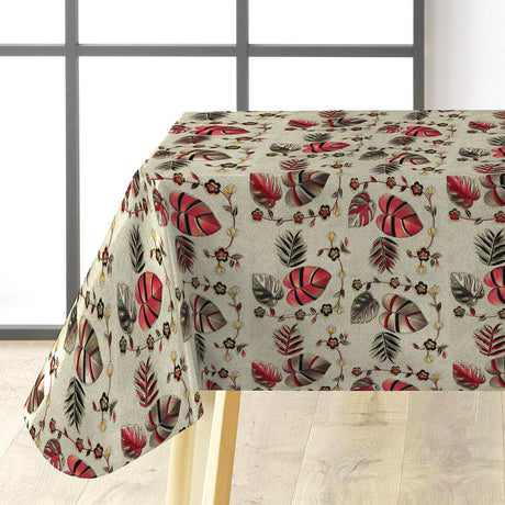 Caprice Metallic Red Wachstuch Tischdecke mit Metallic-Blättern und Blumen