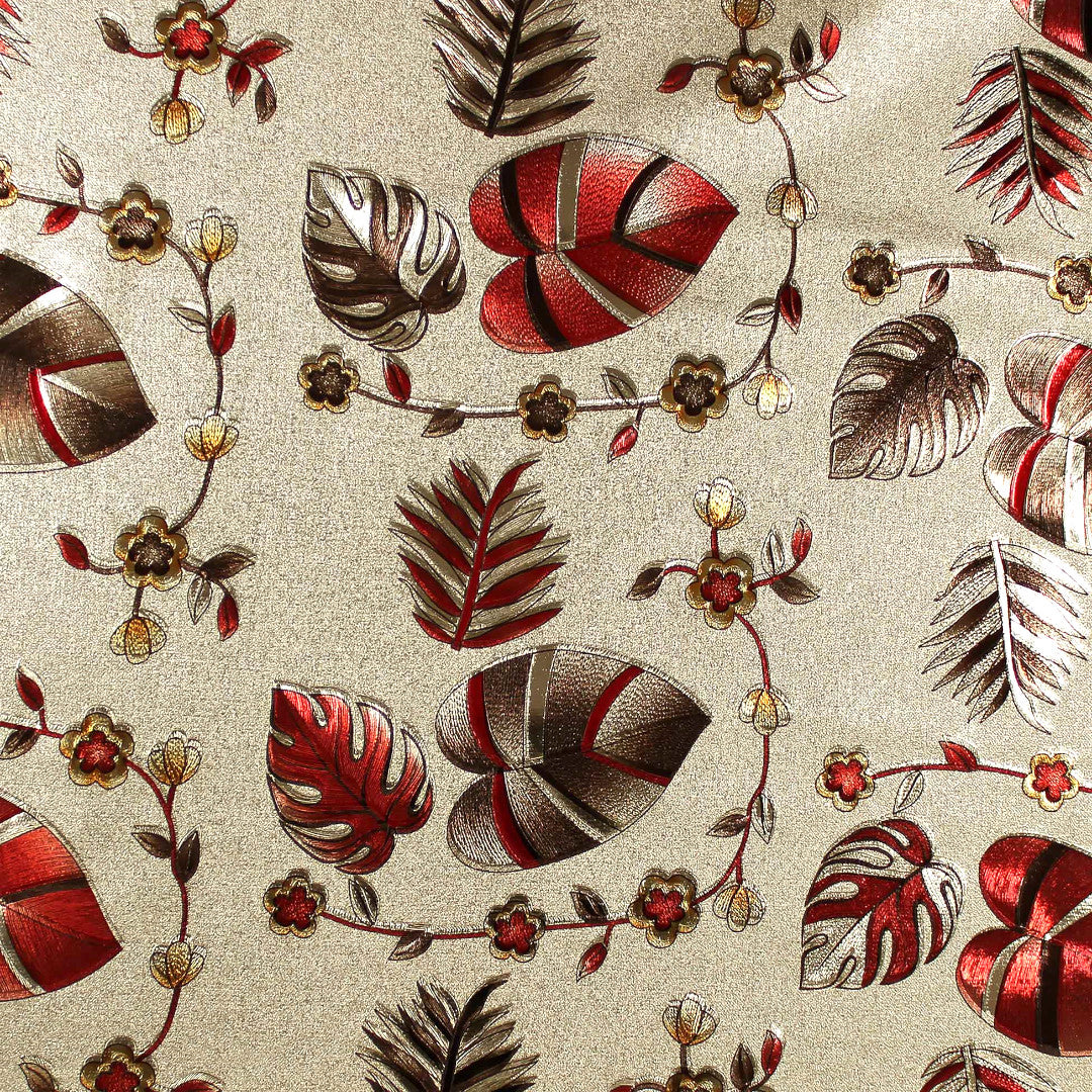 Nahaufnahme der Caprice Metallic Red Wachstuch Tischdecke mit Blättern und Blumen