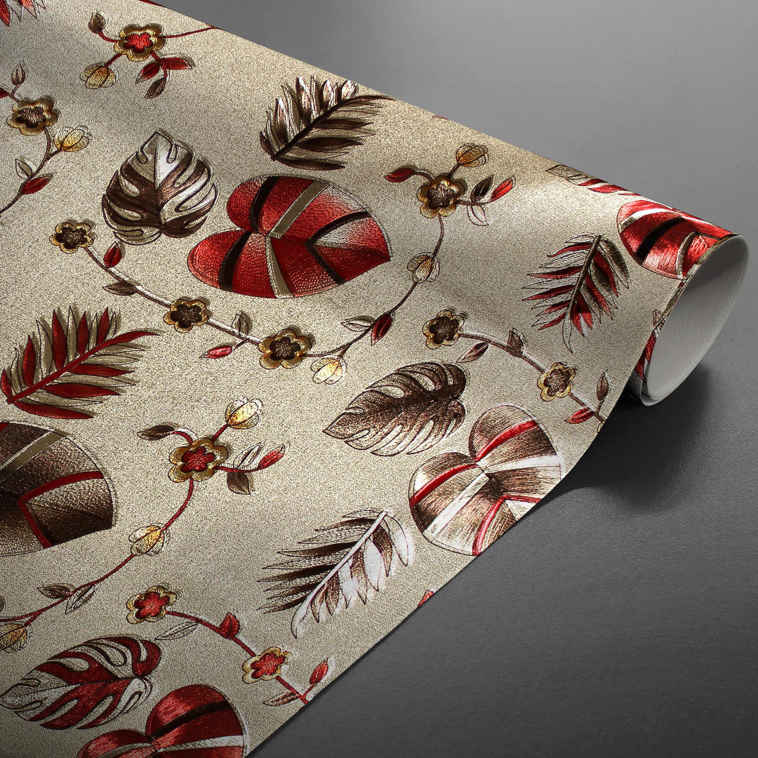 Gerollte Caprice Metallic Red Wachstuch Tischdecke mit goldener Basis und Muster