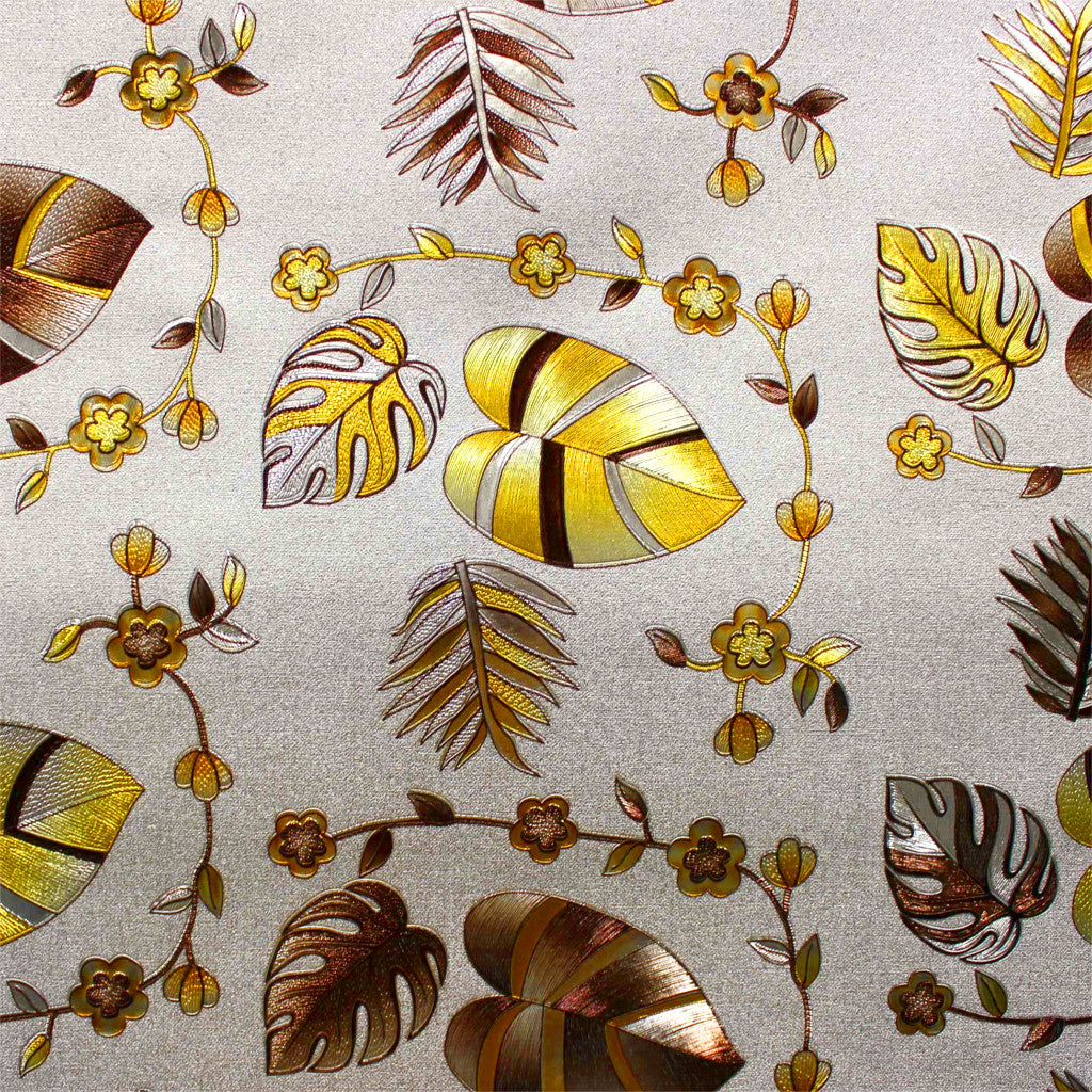 Caprice Metallic Yellow - Wachstuch Tischdecke mit Blättern und Blumen