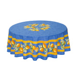 Zitrone Blau – Runde acrylbeschichtete Provence-Tischdecke Ø 180 cm, Nahaufnahme
