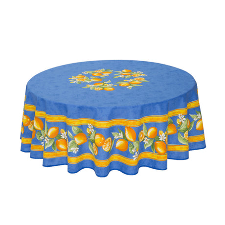 Zitrone Blau – Runde acrylbeschichtete Provence-Tischdecke Ø 180 cm, Nahaufnahme