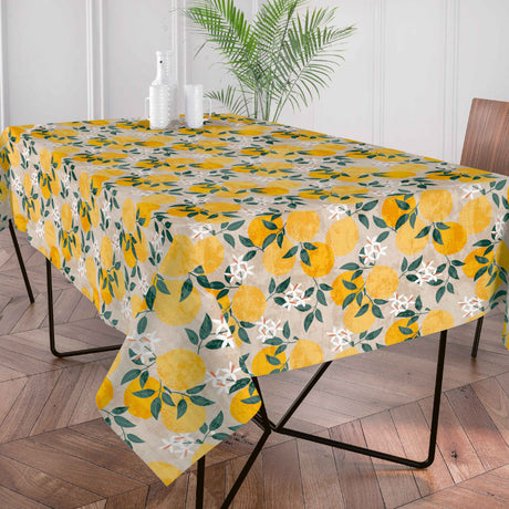 Citronlunden Lino abwaschbare Tischdecke mit Zitronen und naturfarbener Leinenoptik auf einem Tisch