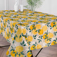 Nahaufnahme der Citronlunden Lino abwaschbaren Tischdecke mit Zitronen und Leinenoptik