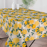 Nahaufnahme der Citronlunden Lino abwaschbaren Tischdecke mit Zitronen und Leinenoptik