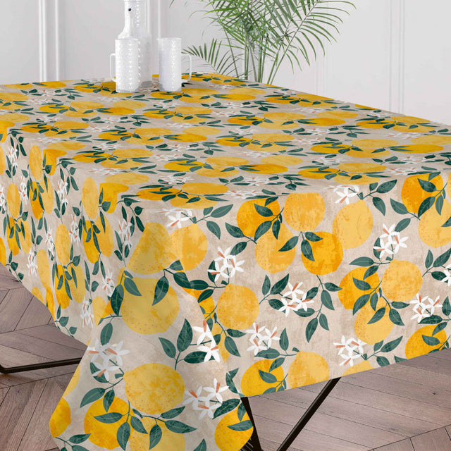 Nahaufnahme der Citronlunden Lino abwaschbaren Tischdecke mit Zitronen und Leinenoptik
