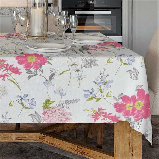 Crocus Rosa/Blau - Abwaschbare Tischdecke mit schönen Blumen - 100% Leinen