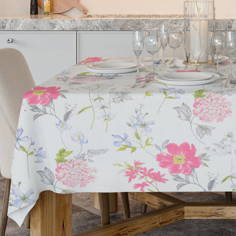 Crocus Rosa/Blau - Abwaschbare Tischdecke mit schönen Blumen - 100% Leinen