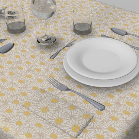 Daisy - Naturfarbene abwaschbare Tischdecke mit weißen Margeriten