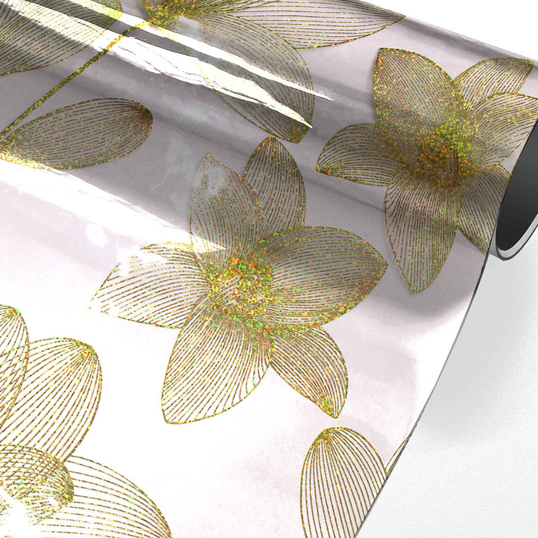 Danela Gold - Starke Tischfolie transparent, Blumen in Linienoptik und Glitzereffekt, aufgerollt