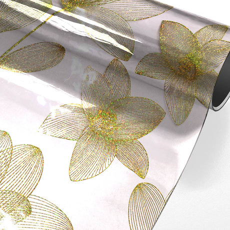 Danela Gold - Starke Tischfolie transparent, Blumen in Linienoptik und Glitzereffekt, aufgerollt