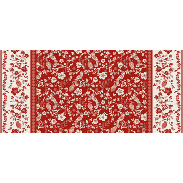Daphne Rot – Wachstuch Tischdecke mit Blumen, Beeren und Vögeln