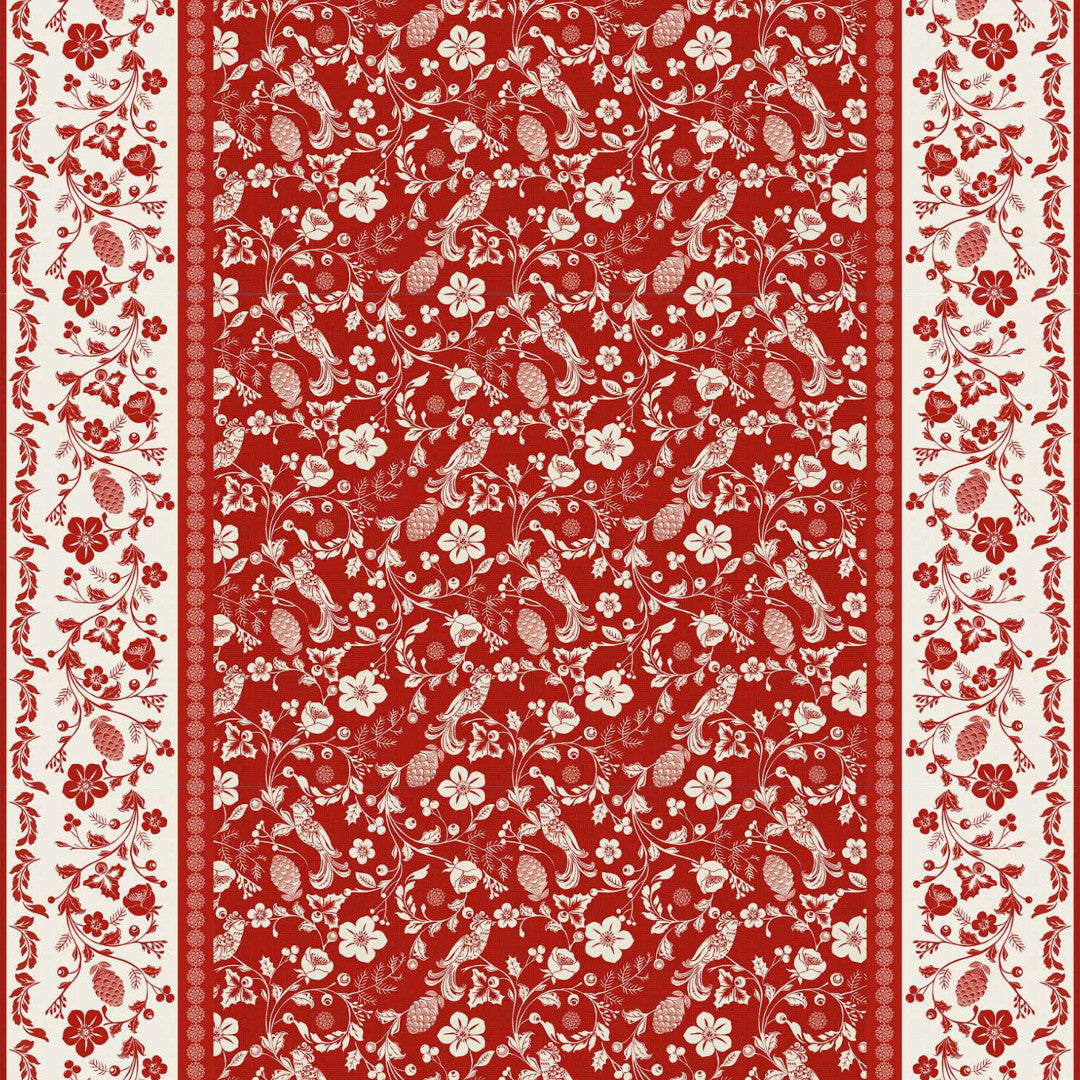 Daphne Rot – Wachstuch Tischdecke mit Blumen, Beeren und Vögeln