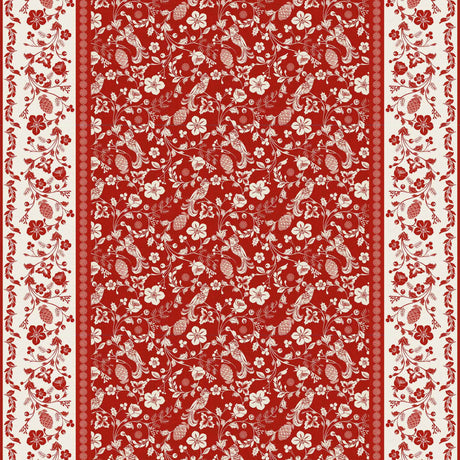 Daphne Rot – Wachstuch Tischdecke mit Blumen, Beeren und Vögeln