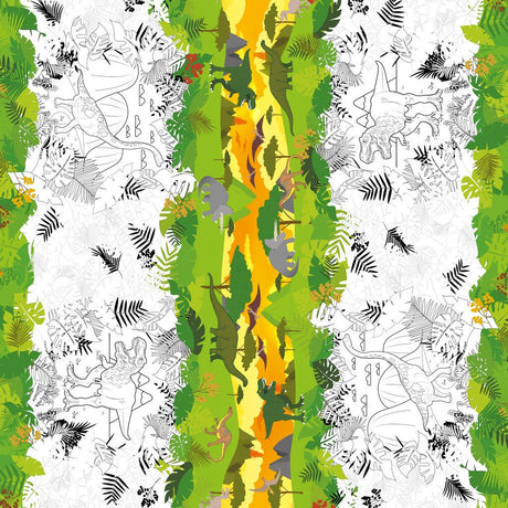Wachstuch Tischdecke zum Ausmalen wie in einem Malbuch, mit Dino-Landschaft