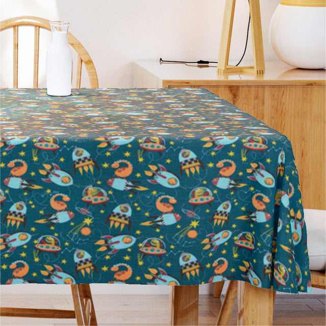 Dinofuzzy Blaugrün - Abwaschbare Tischdecke mit Raumschiffen 155 cm breit