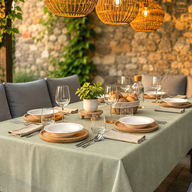 Einfarbige Leinentischdecke - Einfarbige Tischdecke aus 100% Leinen mit Acrylbeschichtung, gedecktes Grün