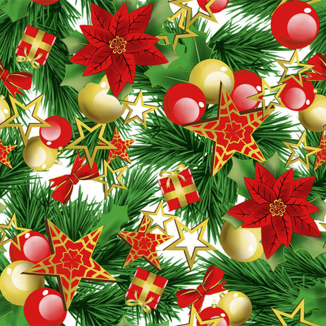 Estrella Christmas Time – Abwaschbare Weihnachtstischdecke mit Tannengrün, Weihnachtskugeln, Schleifen und Geschenken