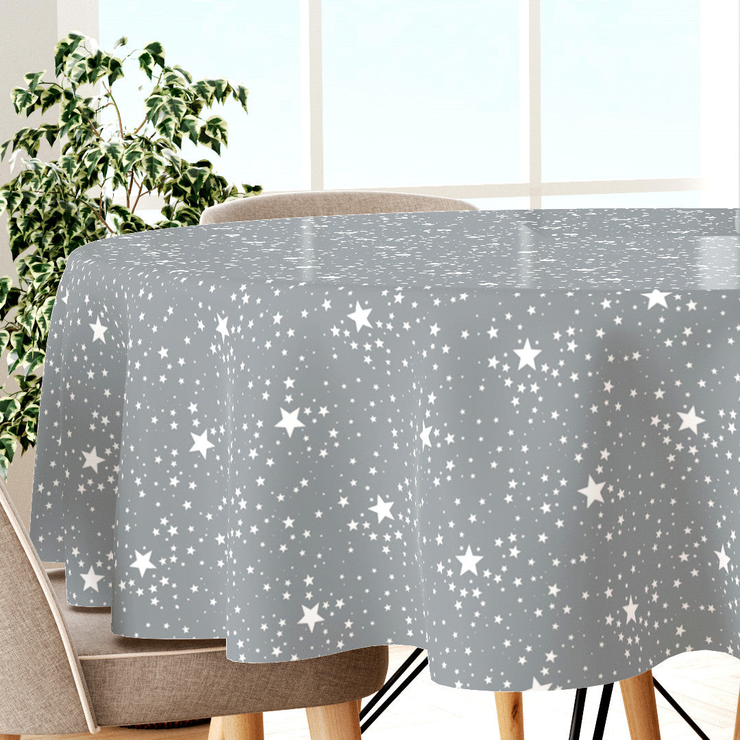 Etoiles Silver - Runde Wachstuch Tischdecke für Weihnachten in Grau/Silber mit weißem Sternenmuster