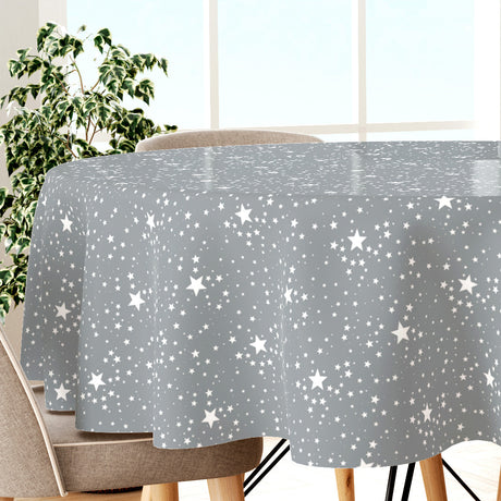 Etoiles Silver - Runde Wachstuch Tischdecke für Weihnachten in Grau/Silber mit weißem Sternenmuster