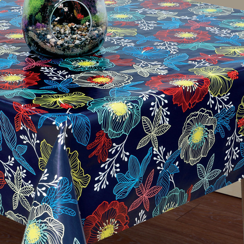 Filligranhaven Blau, Wachstuch Tischdecke mit Blättern und Blumen auf blauem Grund