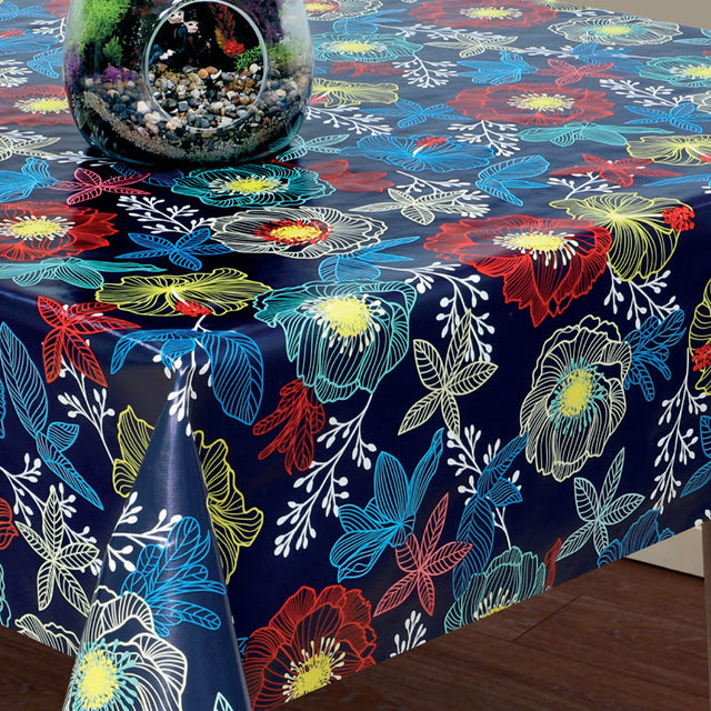 Filligranhaven Blau, Wachstuch Tischdecke mit Blättern und Blumen auf blauem Grund