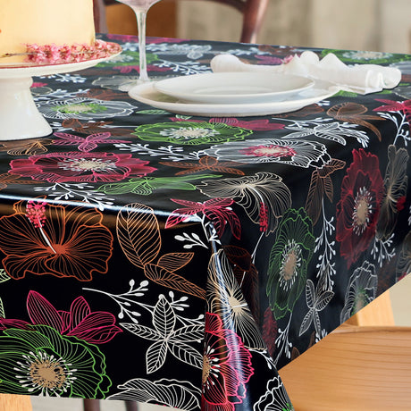 Filligranhaven Schwarz, Wachstuch Tischdecke mit Blättern und Blumen auf schwarzem Grund