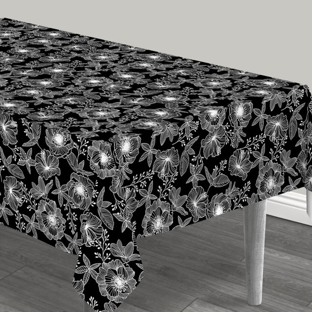 Filligranhaven Weiß - Wachstuch Tischdecke mit gezeichneten Blumen in Weiß auf Schwarz