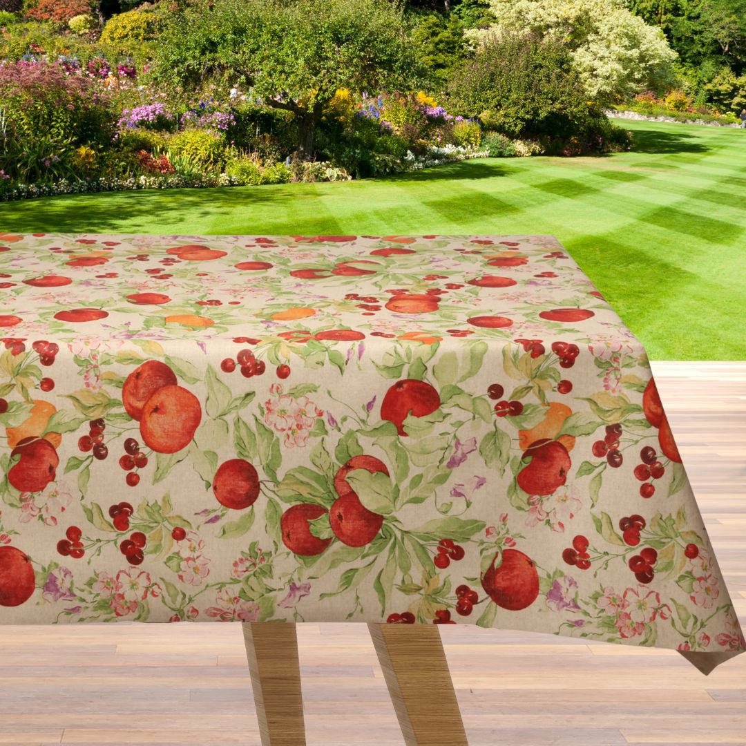 Fioritura di Melograno - Abwaschbare Tischdecke in Leinenoptik mit roten Granatäpfeln und Blättern
