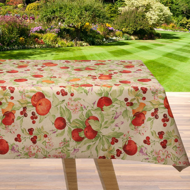 Fioritura di Melograno - Abwaschbare Tischdecke in Leinenoptik mit roten Granatäpfeln und Blättern