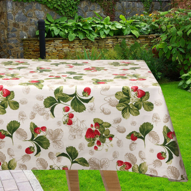 Fraises Danoises – Abwaschbare Tischdecke in schöner Leinenoptik mit Erdbeeren